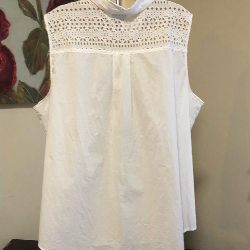 Bright White sleeveless button down blouse with eyelet design on shoulders &back